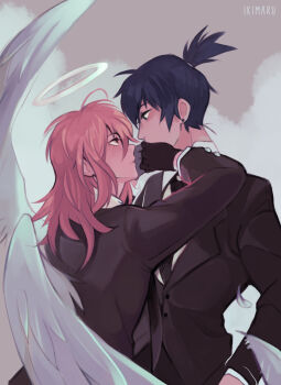 2boys angel_devil_(chainsaw_man) angel_wings black_gloves black_hair black_jacket black_pants black_suit buttons chainsaw_man closed_mouth commentary covering_another's_mouth cowboy_shot earrings english_commentary eye_contact formal_clothes gloves halo hand_on_another's_mouth hayakawa_aki highres ikimaru jacket jewelry lapels layered_sleeves long_sleeves looking_at_another male_focus medium_hair multiple_boys pants parted_bangs piercing ponytail profile red_hair stud_earrings suit suit_jacket white_wings wings yaoi