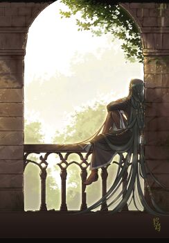 1boy aged_up alternate_hairstyle arch commentary english_commentary fire_emblem fire_emblem:_radiant_dawn from_behind highres letterboxed long_hair male_focus mez-zo nintendo sitting solo soren_(fire_emblem) very_long_hair