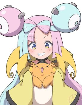&gt;_&lt; 1girl absurdres bow-shaped_hair character_hair_ornament commentary_request gen_1_pokemon grin hair_ornament happy highres holding holding_pokemon iono_(pokemon) jacket long_hair long_sleeves mega_raichu_y mugisepa multicolored_eyes multicolored_hair nintendo pokemon pokemon_(creature) pokemon_sv raichu simple_background sleeves_past_fingers sleeves_past_wrists smile teeth two-tone_eyes two-tone_hair white_background yellow_jacket