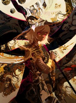 1girl abstract abstract_background absurdres commentary english_commentary hat highres holding holding_staff kevin_adi mage_staff original pink_eyes short_hair solo staff white_hair witch_hat