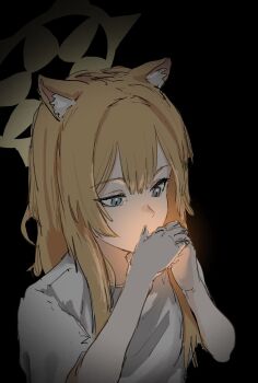 Rule 34 | 1girl, animal ear fluff, animal ears, black background, blue archive, blue eyes, cat ears, cigarette, commentary, dejigura, hair between eyes, halo, hands on own chin, hands up, lighting cigarette, long sidelocks, looking at object, mari (blue archive), orange hair, shirt, short sleeves, sidelocks, slit pupils, solo, white shirt, yellow halo