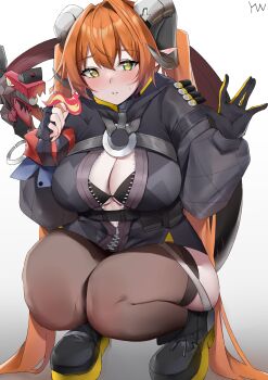 Rule 34 | 1girl, absurdres, beret, black bra, black gloves, black hat, black jacket, black shoes, bra, breasts, cleavage, commentary request, dragon girl, dragon horns, dragon tail, fingerless gloves, gloves, hat, highres, horns, jacket, large breasts, long hair, magus (zenless zone zero), mechanical tail, open clothes, open jacket, open mouth, orange hair, orphie magnusson, pointy ears, shoes, smile, solo, squatting, tail, thighhighs, twintails, underwear, very long hair, yanwulazy, zenless zone zero, zettai ryouiki