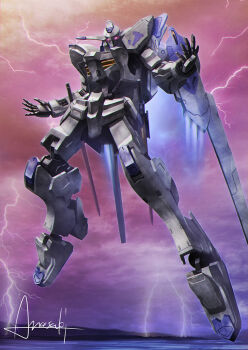 amasaki_yusuke gundam gundam_bael gundam_tekketsu_no_orphans humanoid_robot lightning mecha mechanical_wings mobile_suit no_humans pink_eyes robot science_fiction signature solo thrusters v-fin wings
