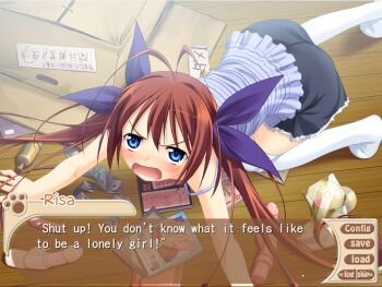 1girl ahoge all_fours angry antenna_hair blue_eyes blush cd condom condom_packet_strip condom_wrapper embarrassed english_text female_focus game_cg lonely magazine_(object) mizuki_kotora open_mouth oumi_risa screencap sex_toy skirt solo tears thighhighs twintails vibrator visual_novel wanko_to_kurasou white_thighhighs zettai_ryouiki