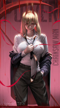 +_+ 1girl adjusting_clothes adjusting_necktie black_necktie blood blood_from_mouth breasts business_suit chainsaw_man copyright_name cross-shaped_pupils crosshair_pupils demon_girl demon_horns formal_clothes hand_in_pocket hemokinesis highres horns liang_xing looking_at_viewer necktie off_shoulder power_(chainsaw_man) red_horns red_theme ringed_eyes scythe sharp_teeth shirt_partially_tucked_in smile solo suit symbol-shaped_pupils teeth