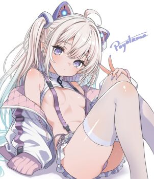 1girl ahoge animal_ear_headphones animal_ears artist_name bare_shoulders blonde_hair blue_hair breasts bright_pupils cat_ear_headphones cat_ears closed_mouth commentary_request convenient_censoring expressionless fake_animal_ears gradient_hair hand_on_own_knee headphones highres jacket long_hair looking_at_viewer miniskirt multicolored_hair navel open_clothes open_jacket original panties panty_straps po_yo_ta_ma pointy_ears purple_eyes purple_nails purple_panties shrug_(clothing) side-tie_panties simple_background single_sleeve_past_fingers skindentation skirt sleeveless_shrug small_breasts solo stomach suspender_skirt suspenders thighhighs two-tone_hair two_side_up underwear v very_long_hair white_background white_jacket white_pupils white_shrug white_skirt white_thighhighs