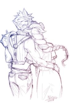 1boy 1girl 2024 aerith_gainsborough arm_around_waist armor artist_name bangle belt bracelet braid braided_ponytail cloud_strife couple cow cropped_jacket dress facing_away final_fantasy final_fantasy_vii final_fantasy_vii_remake from_behind hair_ribbon herzloserengel hetero jewelry long_dress long_hair multiple_belts pants parted_bangs pauldrons ribbon short_hair short_sleeves shoulder_armor single_bare_shoulder single_braid single_pauldron sketch sleeveless sleeveless_turtleneck spiked_hair suspenders turtleneck white_background