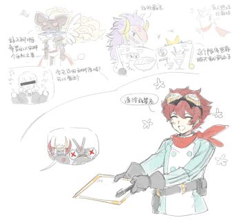 alphamon blush_stickers brown_hair character_request chibi closed_eyes digimon digimon_(creature) digimon_story:_time_stranger duftmon goggles goggles_on_head green_jacket highres holding holding_menu jacket jesmon magnamon male_focus menu multicolored_jacket plutomon red_scarf scarf sleipmon translation_request two-tone_jacket white_jacket ybhk77 yuuki_dan