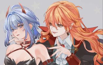 2girls alternate_costume ascot augusta_(wuthering_waves) bare_shoulders choker commentary_request criss-cross_straps demon_costume earrings fingernails galbrena_(wuthering_waves) grey_hair halloween_costume hand_on_another&#039;s_chin horns jewelry long_fingernails long_hair looking_at_another medium_hair mole mole_on_neck multiple_girls nail_polish o-ring o-ring_choker orange_eyes orange_hair orange_nails parted_lips pointy_ears popped_collar purple_eyes red_horns smile vampire_costume white_ascot wuthering_waves yilubixi