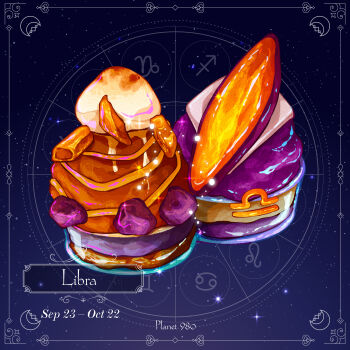 Rule 34 | absurdres, commentary, cream, food, food focus, highres, libra (constellation), libra (zodiac), mochi, no humans, original, pumpkin, star (sky), sweet potato, yuki00yo, zodiac