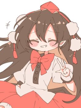 Rule 34 | +++, 1girl, ^ ^, alternate hair length (longer), black hair, blush, blush stickers, bow, bowtie, closed eyes, commentary, facing viewer, hat, long hair, mokotan802, pointy ears, pom pom (clothes), puffy short sleeves, puffy sleeves, red bow, red bowtie, red hat, red skirt, shameimaru aya, shirt, short sleeves, skirt, smile, solo, tokin hat, touhou, v, white shirt
