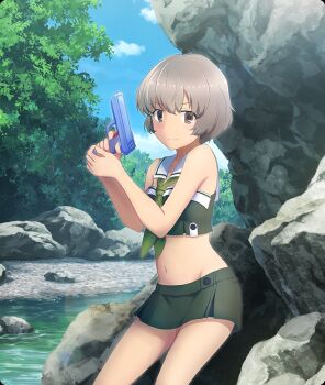 1girl adapted_costume bandeau bare_shoulders bikini blue_sky breasts brown_eyes closed_mouth cloud day detached_collar dot_nose finger_on_trigger game_cg green_bandeau green_bikini green_neckerchief green_skirt grey_hair groin gun handgun heijou_institute_school_uniform hiding holding holding_gun holding_water_gun holding_weapon iwakura_sanae nature navel neckerchief official_art outdoors river rock sailor_collar school_uniform short_hair skirt sky small_breasts small_sweatdrop solo squatting stomach swimsuit third-party_source toji_no_miko toji_no_miko:_kizamishi_issen_no_tomoshibi tree water_gun weapon white_sailor_collar