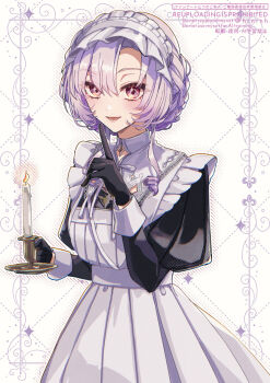 1girl apron black_gloves candle dress gloves hair_between_eyes haruna_(hrnrnh) hyakumantenbara_salome hyakumantenbara_salome_(4th_costume) index_finger_raised juliet_sleeves long_sleeves looking_at_viewer maid maid_apron nijisanji official_alternate_costume puffy_sleeves purple_eyes purple_hair short_hair_with_long_locks sidelocks sleeve_cuffs sleeveless sleeveless_dress smile solo virtual_youtuber watermark white_apron white_background white_headdress