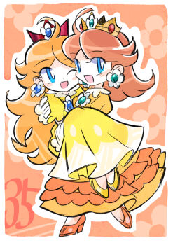 absurdres brown_hair carrying crown dress dual_persona earrings floral_background flower_earrings gloves high_heels highres jewelry long_hair mario_(series) nintendo one_eye_closed open_mouth orange_shoes princess_carry princess_daisy rakugaki_shitagari-ya shoes smile white_gloves yellow_dress