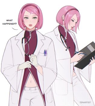 1girl ? artist_name ben-day_dots bob_cut boruto:_naruto_next_generations breast_pocket clipboard coat commentary cowboy_shot denim earrings english_commentary english_text facial_mark flapper_shirt forehead_mark gloves green_eyes hairband haruno_sakura highres holding holding_clipboard holding_pen jeans jewelry lab_coat long_coat looking_ahead looking_down mandarin_collar midriff multiple_views naruto_(series) navel nurse object_in_pocket open_clothes open_coat pants parted_lips pen pen_in_pocket pocket red_hairband red_shirt screentones shirt simple_background speech_bubble stethoscope stethoscope_around_neck straight_hair stud_earrings swept_bangs teeth tenartistt white_background white_coat white_gloves white_pants white_trim wide_sleeves