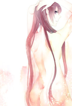 1girl arms_up ass breasts commentary_request completely_nude female_corrin_(fire_emblem) fire_emblem fire_emblem_fates from_behind hachiya_nanao hands_on_own_head large_breasts long_hair looking_back nintendo nude pointy_ears shoulder_blades sideboob solo upper_body very_long_hair