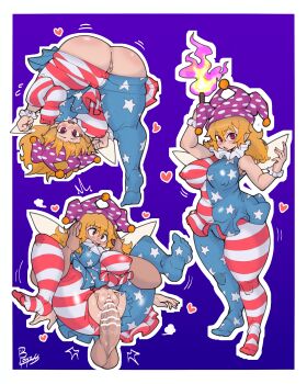 1boy 1girl absurdres aged_up ass bent_over breasts clownpiece commentary_request curvy doctor5648 fairy fairy_wings hat heart hetero highres huge_breasts large_breasts looking_at_viewer orange_hair pantyhose plump sex short_hair striped_clothes striped_pantyhose surprised thick_thighs thighs touhou wings