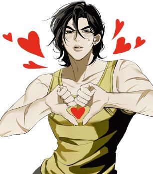 1boy alternate_hairstyle black_hair blue_eyes blush collarbone commentary_request diamond_wa_kudakenai earrings hair_down heart heart_hands higashikata_josuke highres jewelry jojo_no_kimyou_na_bouken korean_commentary looking_at_viewer male_focus parted_lips scar scar_on_arm short_hair solo stud_earrings sweat tank_top upper_body zipper zu_okr