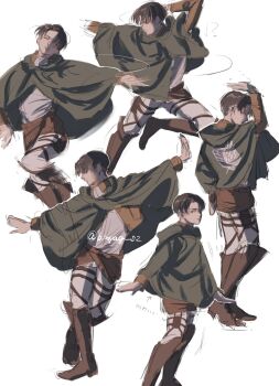 1boy absurdres black_hair boots brown_boots brown_jacket cloak commentary_request full_body green_cloak highres jacket levi_(shingeki_no_kyojin) male_focus multiple_views one_eye_closed outstretched_arms pa_hoi2 pants parted_lips shingeki_no_kyojin shirt short_hair sketch solo survey_corps_(emblem) twitter_username white_background white_pants white_shirt
