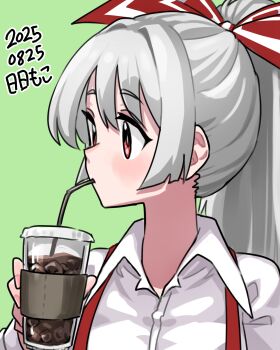 1girl absurdres bow coffee collared_shirt commentary_request cup dated disposable_coffee_cup disposable_cup drinking drinking_straw fujiwara_no_mokou green_background grey_hair hair_bow high_ponytail highres holding holding_cup iced_coffee long_hair neophyte ponytail portrait red_bow red_eyes red_suspenders shirt simple_background solo suspenders touhou white_bow white_shirt wing_collar