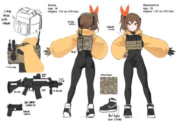 2girls absurdres ass assault_rifle backpack bag black_bodysuit bodysuit brown_hair camouflage camouflage_bag chest_rig crop_top_hoodie english_text food-themed_hair_ornament g36c gloves gun hair_ornament hair_ribbon handgun headphones highres hood hoodie k0ng magazine_(weapon) multiple_girls multiple_views navel orange_hair_ornament original pistol radio reference_sheet ribbon rifle shoes side_ponytail skin_tight smile sneakers triangle_hair_ornament weapon yellow_eyes yellow_hoodie
