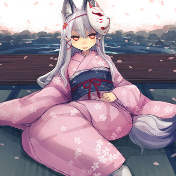 +_+ 1girl animal_ears bee_(deadflow) blush concon-collector female_focus fox_ears fox_mask fox_tail grey_hair japanese_clothes kimono long_hair looking_at_viewer mask parted_lips petals red_eyes sitting smile solo tail tatami teeth water