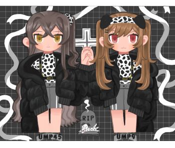 2girls absurdres animal_ears bachikori-ken black_background brown_hair character_name commentary_request crossed_bangs dalmatian dalmatian_print dog dog_ears down_jacket fake_animal_ears girls'_frontline grey_shorts grid_background hairband hand_up highres holding_hands interlocked_fingers jacket letterboxed long_hair long_sleeves looking_at_viewer multiple_girls off_shoulder one_side_up open_clothes open_jacket print_hairband print_shirt red_eyes rest_in_peace_(phrase) ribbon scar scar_across_eye scar_on_face shirt short_shorts shorts siblings side-by-side single_sleeve_past_fingers sisters smile suspenders tombstone twintails ump45_(girls'_frontline) ump9_(girls'_frontline) very_long_hair white_ribbon white_shirt yellow_eyes
