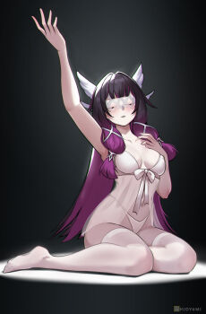 1girl arm_up babydoll bare_shoulders black_hair blush breasts cleavage closed_eyes columbina_(genshin_impact) commentary english_commentary eye_mask genshin_impact gradient_hair hair_ornament highres hioyami long_hair mask medium_breasts multicolored_hair panties purple_hair solo thighhighs underwear white_babydoll white_panties wing_hair_ornament