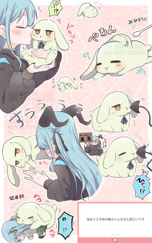 1girl animalization arknights bang_dream! bang_dream!_it's_mygo!!!!! black_jacket blue_hair commentary_request demon_horns demon_tail green_skirt highres holding holding_sign horns humping jacket long_hair marshmallow_(site) nago_(hasakimati) rabbit request_inset sign skirt tail togawa_sakiko togawa_sakiko_(sarkaz) tongue tongue_out translation_request wakaba_mutsumi watermark yellow_eyes