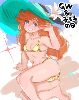 Rule 34 | 1girl, absurdres, ass, beach, bikini, blue eyes, blush, breasts, cleavage, collarbone, crotch, dripping, flat chest, floppy hat, flower, flower request, full-face blush, gold bikini, golden week, granblue fantasy, grin, hand in own hair, hand on ground, hand up, hat, hat flower, highres, legs together, long hair, looking at viewer, lying, minomushi4649, navel, on side, orange hair, sara (granblue fantasy), smile, solo, sparkle, string bikini, sun hat, swimsuit, thighs, three-toned background, translation request
