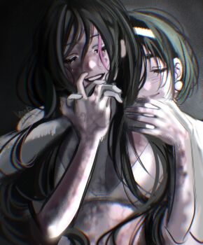 2girls alien_stage black_hair bra breasts burn_scar closed_eyes commentary earrings hair_visible_through_wig hairband highres hug hug_from_behind jewelry long_hair mizi_(alien_stage) multiple_girls pink_hair scar scar_on_arm scar_on_chest scar_on_face scar_on_stomach short_hair signature smile sphere_earrings sua_(alien_stage) tears underwear white_hairband ymr18
