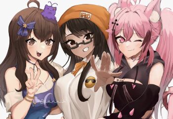 3girls :d ahoge animal_ear_fluff animal_ears beanie black-framed_eyewear black_hair black_hoodie black_sleeves blob blush bow bowtie breasts brooch brown_eyes brown_hair cat_ears centi_(nimu) choker cleavage cleavage_cutout clothing_cutout collar collarbone colored_tips commentary crescent_print cristianghost_(vtuber) cropped_jacket crossed_bangs dannih detached_sleeves drawstring dress emoji freckles grin hair_bow hair_flaps hair_ornament hat heart heart_ahoge highres hood hoodie indie_virtual_youtuber jewelry large_breasts long_hair medium_breasts multicolored_hair multiple_girls nimu_(vtuber) nimu_(vtuber)_(3rd_costume) off-shoulder_shirt off_shoulder one_eye_closed open_mouth orange_bow orange_bowtie orange_headwear pinafore_dress pink_collar pink_eyes pink_hair purple_bow purple_dress reaching reaching_towards_viewer ribbon_choker semi-rimless_eyewear shirt simple_background sleeveless sleeveless_dress sleeveless_hoodie smile spanish_text spiked_collar spikes star_(symbol) star_brooch star_hair_ornament sunglasses_emoji suwie_(vtuber) suwie_(vtuber)_(new) swept_bangs translation_request twintails under-rim_eyewear upper_body virtual_youtuber w white_background white_shirt