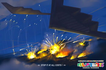 10s ace_combat aircraft airplane b-2_spirit battle bomber copyright_name cruise_missile english_text explosion fighterman flying_wing heavy_bomber highres island kemono_friends military military_vehicle no_humans ocean penetrator_(aircraft) sky stealth stealth_aircraft stealth_bomber strategic_bomber text_focus vehicle_focus war