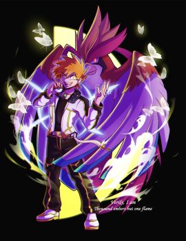 1boy beak bird black_pants black_shirt blue_oak blue_oak_(arc_suit) brown_hair bug butterfly closed_mouth fang fur_trim gem gen_1_pokemon green_gemstone grin hashtag-only_commentary highres holding holding_poke_ball inglebard insect jacket jewelry looking_at_viewer mega_pidgeot mega_pokemon necklace nintendo official_alternate_costume open_clothes open_jacket open_mouth pants pidgeot poke_ball poke_ball_(basic) pokemon pokemon_(creature) pokemon_masters_ex red_eyes shirt short_hair smile spiked_hair teeth white_jacket wings