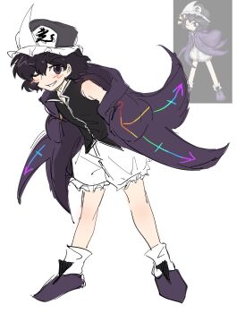 Rule 34 | 1other, absurdres, androgynous, arrow print, bare legs, black shirt, blush, boots, braid, chinese commentary, coattails, collared shirt, commentary request, derivative work, flat color, frilled headwear, frilled shorts, frills, full body, grey hat, grin, hair between eyes, hands in pockets, happy, hat, highres, hood, hood down, hooded jacket, jacket, len'en, long sleeves, loose socks, mob cap, one eye closed, open clothes, open jacket, other focus, otogisum3, print jacket, puffy shorts, purple boots, purple eyes, purple hair, purple jacket, reference inset, shirt, shitodo kuroji, short hair, shorts, simple background, single bare shoulder, single braid, sketch, sleeveless, sleeveless shirt, smile, socks, solo, sprite redraw, standing, tailcoat, triangular headpiece, white background, white shorts, white socks