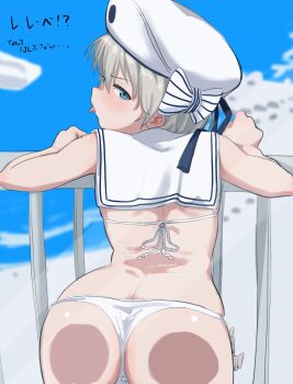 1girl against_glass ass ass_press bad_id bad_twitter_id bikini blue_eyes blush bouen bow cloud day female_focus from_behind grey_hair hat highres kantai_collection outdoors railing ribbon sailor_collar short_hair sky solo swimsuit tongue white_bikini white_hat z1_leberecht_maass_(kancolle) z3_max_schultz_(kancolle) z3_max_schultz_(swimsuit)_(kancolle)