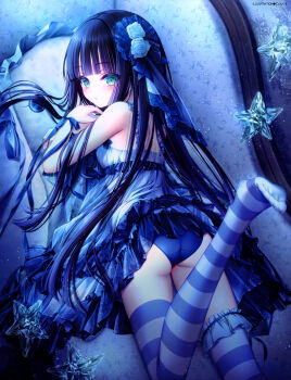 1girl absurdres armpit_crease artist_name ass black_hair blue_dress blue_panties blue_ribbon blue_thighhighs blunt_bangs breasts clothes_lift couch crystal dengeki_moeoh dress dress_lift feet_up frilled_dress frilled_thigh_strap frills from_above green_eyes hair_flowing_over hair_ornament highres hime_cut leg_up long_hair looking_at_viewer looking_back looking_up lying magazine_scan medium_dress on_couch on_stomach original panties parted_lips ribbon scan see-through_clothes see-through_dress sidelocks small_breasts solo star_(symbol) striped_clothes striped_thighhighs thigh_strap thighhighs tinker_bell_(pixiv_10956015) underwear wrist_ribbon
