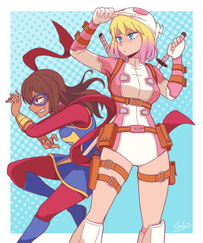 2girls :/ belt_pouch blonde_hair blue_eyes bracelet breasts brown_hair commentary domino_mask eye_mask galois gradient_hair gwenpool halftone halftone_background highres holding holding_sword holding_weapon jewelry kamala_khan leotard long_hair marvel mask mask_lift medium_breasts ms._marvel multicolored_hair multiple_girls pink_hair pink_leotard pouch red_scarf scarf shin_guards signature small_breasts smile superhero_costume sword sword_on_back thigh_pouch weapon weapon_on_back