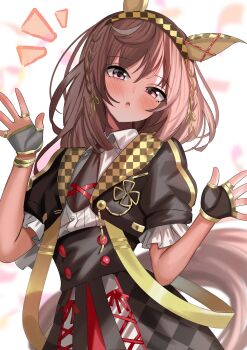 1girl absurdres ame_sagari animal_ears asymmetrical_gloves black_gloves black_jacket black_necktie blush bracelet braid breasts brown_hair buena_vista_(heroina_inocente)_(umamusume) buena_vista_(umamusume) checkered_collar checkered_hairband collared_shirt commentary_request cropped_jacket ear_covers fingerless_gloves gloves grey_gloves hair_between_eyes hair_ornament hairband headband highres horse_ears horse_girl horse_tail jacket jewelry looking_at_viewer medium_hair mismatched_gloves multiple_rings necktie parted_lips puffy_short_sleeves puffy_sleeves purple_eyes ring shirt short_sleeves skirt solo tail umamusume white_shirt