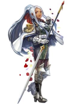 Rule 34 | 1girl, armor, belt, cape, dark-skinned female, dark skin, dress, flower, gauntlets, it's my life (narita imomushi), lance, leather, leather belt, leg armor, long hair, looking at viewer, narita imomushi, petals, polearm, red eyes, rose, rose petals, rosenrot stein, shoulder pads, simple background, solo, tight clothes, weapon, white background, white hair