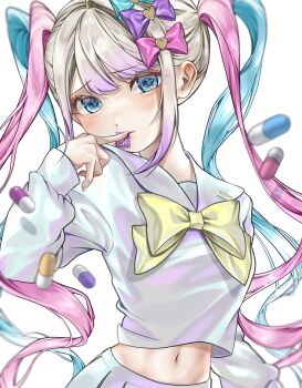 Rule 34 | 1girl, blonde hair, blue bow, blue eyes, blue hair, bow, chouzetsusaikawa tenshi-chan, commentary request, hair bow, highres, long hair, long sleeves, looking at viewer, multicolored hair, needy girl overdose, open mouth, pink bow, pink hair, purple bow, quad tails, rearea 7777, school uniform, serafuku, shirt, smile, solo