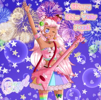 Rule 34 | 1girl, 2022, alternate costume, arm up, armpits, artist name, bare shoulders, blue background, blue eyes, blue nails, blueberry, blush, bow, bracelet, breasts, cherry, chest bow, choker, cleavage, commentary, cookie run, cookie run: kingdom, costume, cowboy shot, crop top, cxrxmelchoco, dark-skinned female, dark skin, detached sleeves, earrings, electric guitar, english commentary, facial mark, fingernails, fireworks, food, food-themed clothes, food-themed earrings, food-themed hair ornament, fruit, green bow, green nails, guitar, guitar strap, hair ornament, half updo, happy new year, headset, heart, heart facial mark, heavy lens flare, highres, holding, holding guitar, holding instrument, humanization, instrument, jewelry, kiwi (fruit), lace, lace-trimmed skirt, lace trim, lens flare, lipstick, long fingernails, long hair, looking at viewer, macaron, makeup, medium breasts, miniskirt, mismatched thighhighs, multicolored eyes, multicolored hair, multiple rings, musical note, musical note in eye, nail polish, new year, one eye closed, open mouth, orange (fruit), overskirt, parfait cookie, pink choker, pink eyes, pink hair, pink nails, pink overskirt, ponytail, purple nails, rainbow skirt, rainbow text, rainbow thighhighs, ring, shirt, showgirl skirt, sideboob, single earring, skirt, smile, sparkle, star (symbol), star facial mark, strapless, strapless shirt, strawberry, strawberry syrup, streaked hair, striped clothes, striped thighhighs, symbol in eye, thighhighs, two-tone eyes, two-tone hair, very long hair, watermark, whipped cream, white bow, white hair, white thighhighs, yellow nails