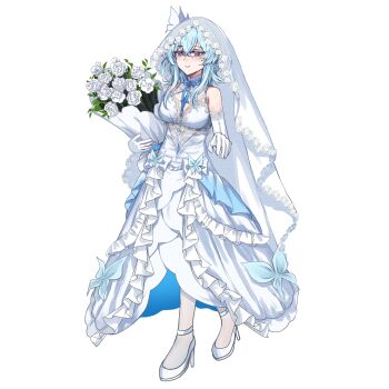 Rule 34 | 1girl, absurdres, alternate costume, bare shoulders, blue hair, blush, bouquet, breasts, bridal veil, closed mouth, colored eyelashes, commentary, dress, elbow gloves, english commentary, flareza, flower, full body, gloves, hair between eyes, high heels, highres, holding, holding bouquet, large breasts, long dress, long hair, looking at viewer, purple eyes, shoes, shorekeeper (wuthering waves), simple background, smile, solo, veil, wedding dress, white background, white dress, white gloves, white shoes, white veil, wuthering waves