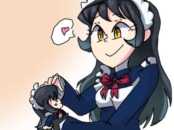 Rule 34 | 1girl, black hair, bow, davewaterfalls, filia (skullgirls), heart, long hair, mabinogi, maid, maid headdress, marielx, simple background, skullgirls, solo, speech bubble, stuffed toy, third-party edit, yellow eyes