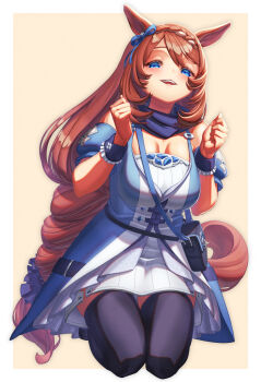 Rule 34 | 1girl, animal ears, bag, black thighhighs, blue bag, blue bow, blue dress, blue eyes, blue scarf, blush, bow, braid, braided ponytail, breasts, brown hair, commentary request, creape, dress, ear bow, full body, hair between eyes, highres, horse ears, horse girl, horse tail, large breasts, long hair, looking at viewer, multicolored hair, open mouth, scarf, shoulder bag, smile, solo, streaked hair, super creek (murmuring stream) (umamusume), super creek (umamusume), tail, thighhighs, umamusume, very long hair, white hair, wrist cuffs