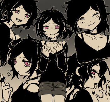 +++ 1girl :3 :d ^_^ anger_vein annoyed ashley_graves bar_censor bare_shoulders breasts bright_pupils censored choker cleavage closed_eyes closed_mouth collarbone commentary cowboy_shot cropped_torso denim denim_shorts english_commentary facing_viewer fellatio_gesture fingernails gradient_background grey_background grey_outline greyscale half-closed_eyes hands_up heart long_sleeves looking_at_viewer low_ponytail middle_finger migimiya_yoru mixed-language_commentary monochrome multiple_views open_mouth outline pink_eyes pointless_censoring ponytail profile shirt short_hair shorts simple_background smile spot_color standing tearing_up teeth the_coffin_of_andy_and_leyley tongue tongue_out upper_teeth_only v-shaped_eyebrows