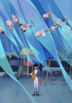 1boy accordion animal band_uniform black_hair building cape cat choidomart city conductor_baton dog dress drum drumsticks floating flute flying foliage full_body harp highres holding holding_drumsticks holding_flute holding_instrument holding_saxophone holding_trumpet horn_(instrument) instrument magic marching_band marching_band_baton mouse_(animal) music night night_sky pants playground playing_instrument saxophone shiba_inu sky slide sparkle star_(sky) surreal swing_set trumpet white_cat white_dress