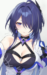 Rule 34 | 1girl, acheron (honkai: star rail), ahoge, armor, ashisi, bandaged arm, bandages, black choker, blush, breasts, choker, cleavage, closed mouth, coat, commentary request, criss-cross halter, diamond-shaped pupils, diamond (shape), earrings, hair intakes, hair ornament, hair over one eye, halterneck, highres, honkai: star rail, honkai (series), jewelry, large breasts, looking at viewer, multicolored hair, purple eyes, purple hair, shoulder armor, sidelocks, simple background, single bare shoulder, solo, streaked hair, symbol-shaped pupils, upper body, white background, white coat