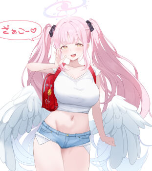 Rule 34 | 1girl, :d, absurdres, alternate costume, alternate hairstyle, arm at side, backpack, bag, black scrunchie, blue archive, blunt bangs, blush, breasts, bright pupils, clenched hand, commentary request, cowboy shot, crop top, denim, denim shorts, eyelashes, fang, feathered wings, floating hair, groin, hair intakes, hair ornament, hair scrunchie, halo, hand up, heart, highres, korean commentary, large breasts, long hair, looking at viewer, low wings, mako draw01, mesugaki, midriff, mika (blue archive), navel, open mouth, outstretched hand, pink hair, pink halo, randoseru, scrunchie, shirt, short shorts, short sleeves, shorts, sidelocks, skin fang, smile, solo, speech bubble, tongue, translated, twintails, very long hair, white pupils, white shirt, white wings, wings, yellow eyes, zako (phrase)