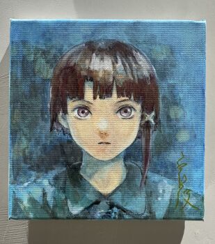 Rule 34 | 1girl, abe yoshitoshi, brown eyes, brown hair, collared shirt, commentary request, expressionless, highres, iwakura lain, looking at viewer, painting (medium), serial experiments lain, shirt, short hair, solo, straight-on, traditional media, upper body, watercolor (medium)